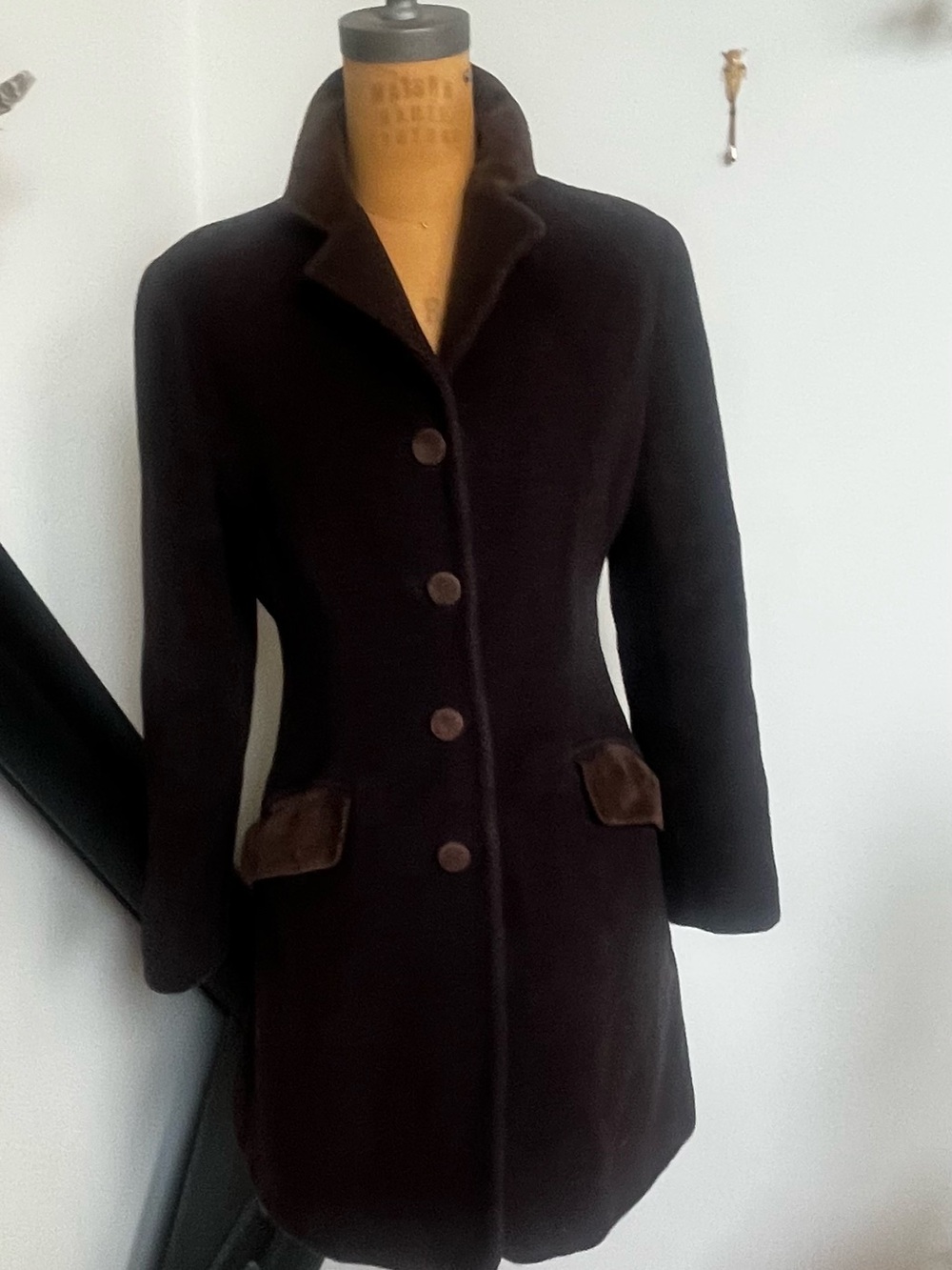 Max & Co. Dark Brown Wool Blend Pea Coat with velvet detail